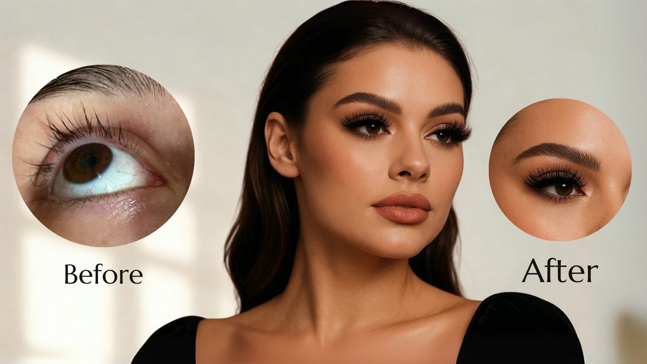 Before and after eyelash extensions and makeup