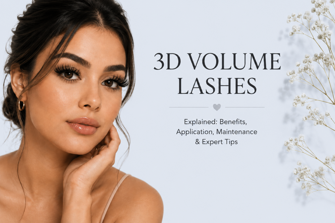 3D Volume Lashes Explained with close-up of woman showing full, fluffy lash extensions and expert care guide design.