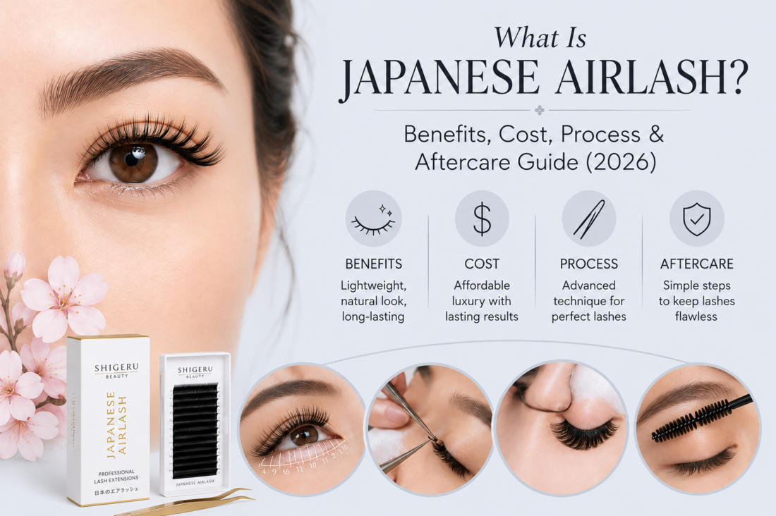 Japanese AirLash guide showing eyelash extensions, Shigeru lashes, application process, benefits, cost, and aftercare.