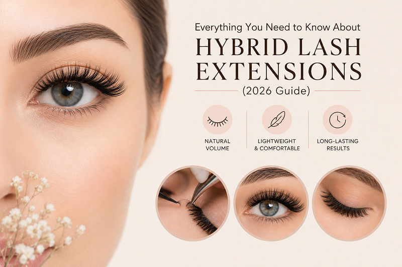 Hybrid Lash Extensions 2026 Guide showing close-up lashes, application process, and natural volume benefits.