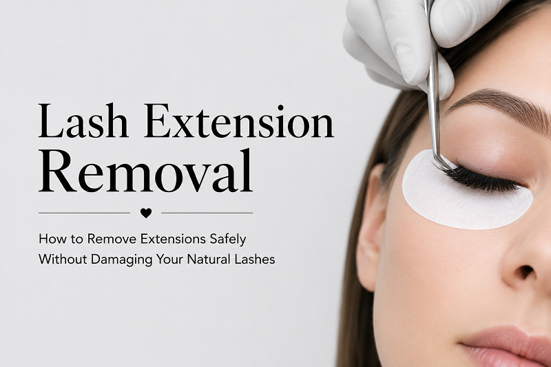 Professional lash extension removal with a gentle technique to protect natural lashes on a clean light grey background.
