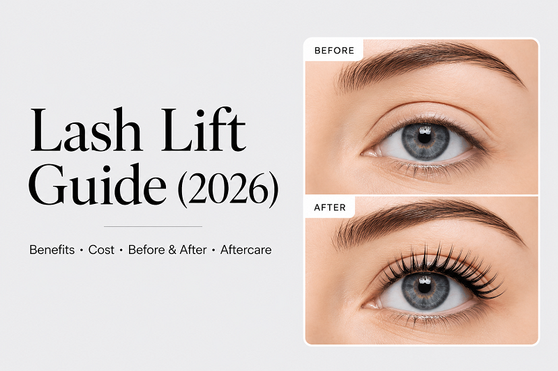 Lash Lift Guide 2026 banner with before and after eyelash lift results, showing visibly curled and lifted lashes