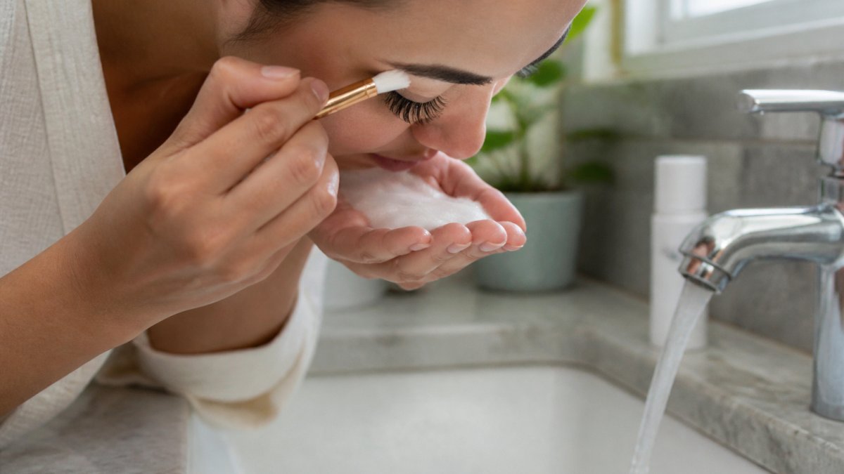 Close-up of a woman gently cleansing her eyelash extensions at a bathroom sink, using a soft lash brush and foaming cleanser, water running softly, natural light